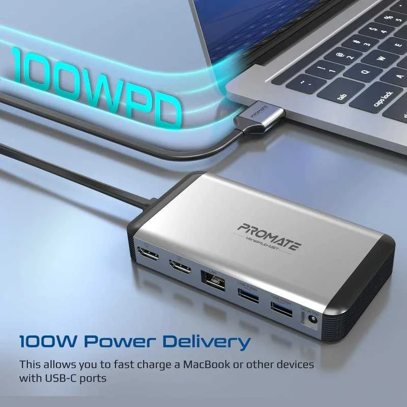 PROMATE VersaHub-MST 13 viename dvigubas USB-C multimedijos šakotuvas / dvigubas 4K HDMI / USB3.0 / 150 W