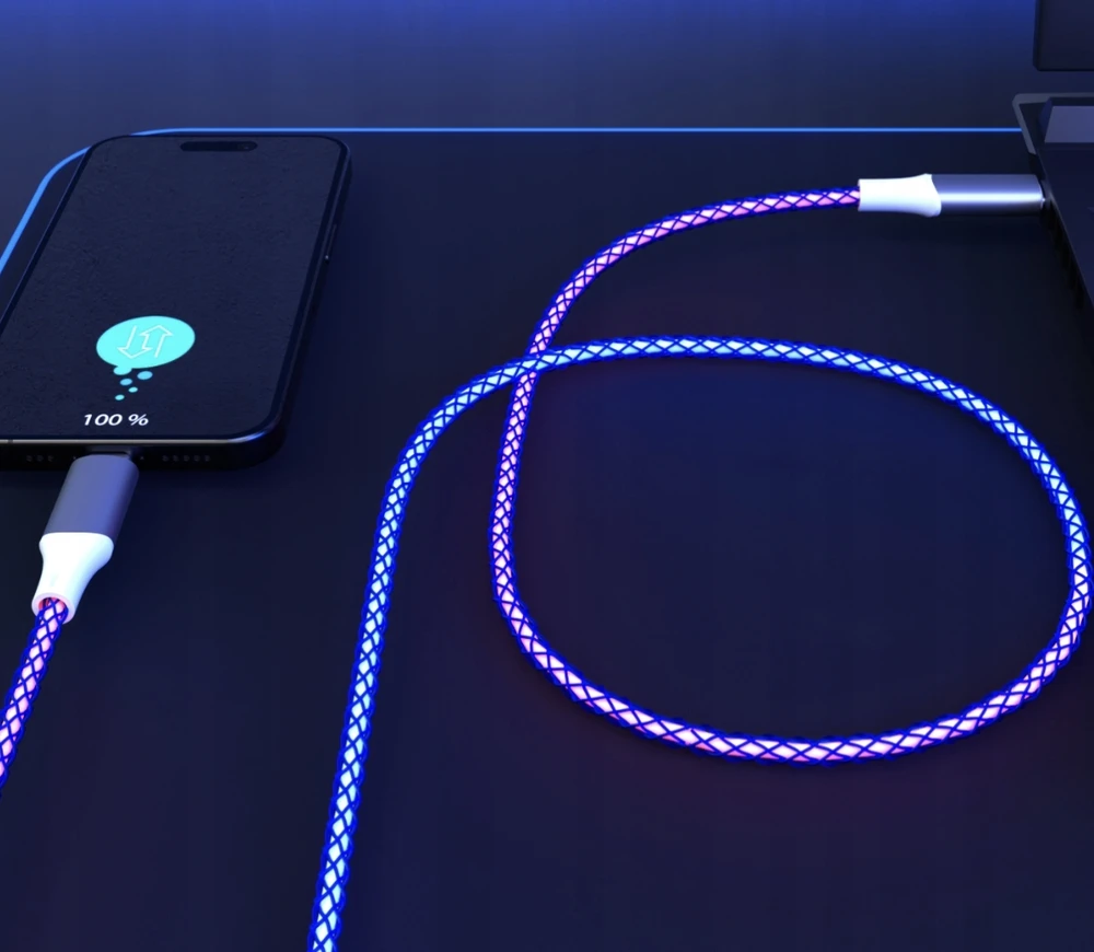 Kabelis USB TelForceOne QUALO QCS-CL-00 świecący 1 m USB-C-Lightning 3 A Baltai-sidabrinė (GSM185188)