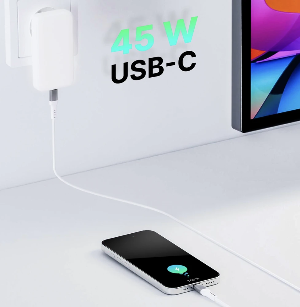 „Qualo QLS-GN-US-AC-45-00 GaN“ itin plonas GaN įkroviklis USB-C / 45 W