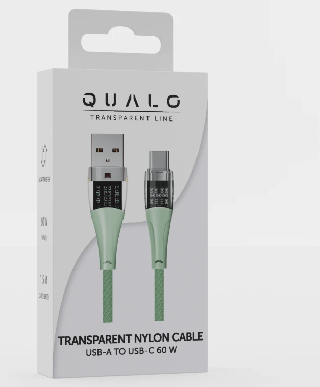 Qualo QTCN-AC-04 Permatomas nailoninis kabelis USB-A – USB-C / 60 W / 1,5 m / žalias