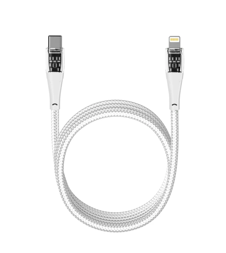 Qualo QTCN-CL-00 permatomas nailono laidas USB-C – Lightning / 12W / 1.5m / baltas