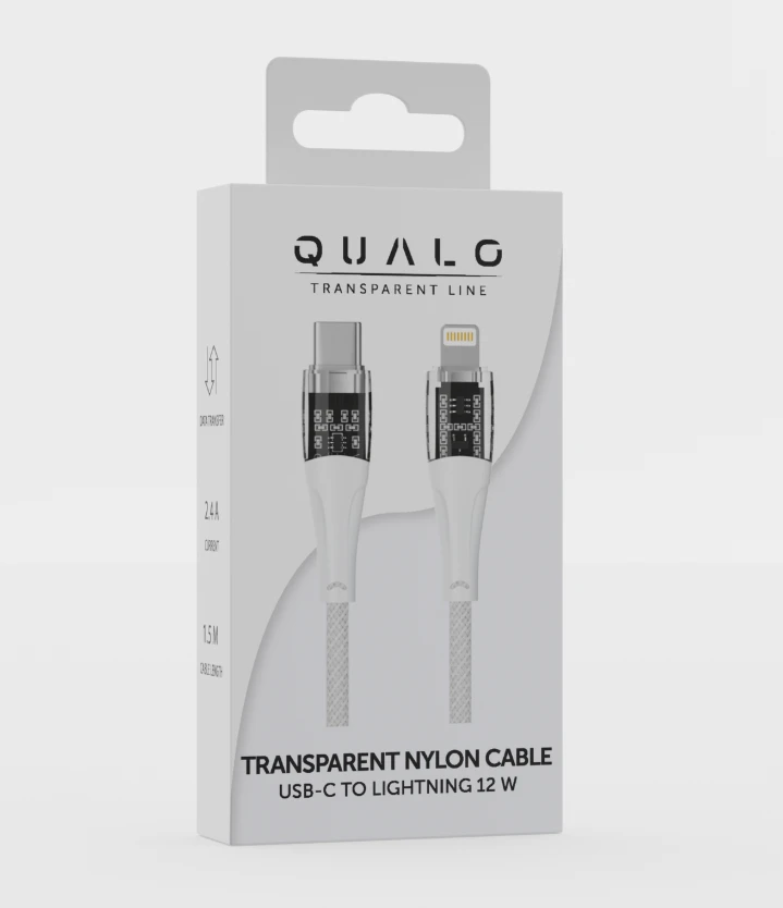 Qualo QTCN-CL-00 permatomas nailono laidas USB-C – Lightning / 12W / 1.5m / baltas