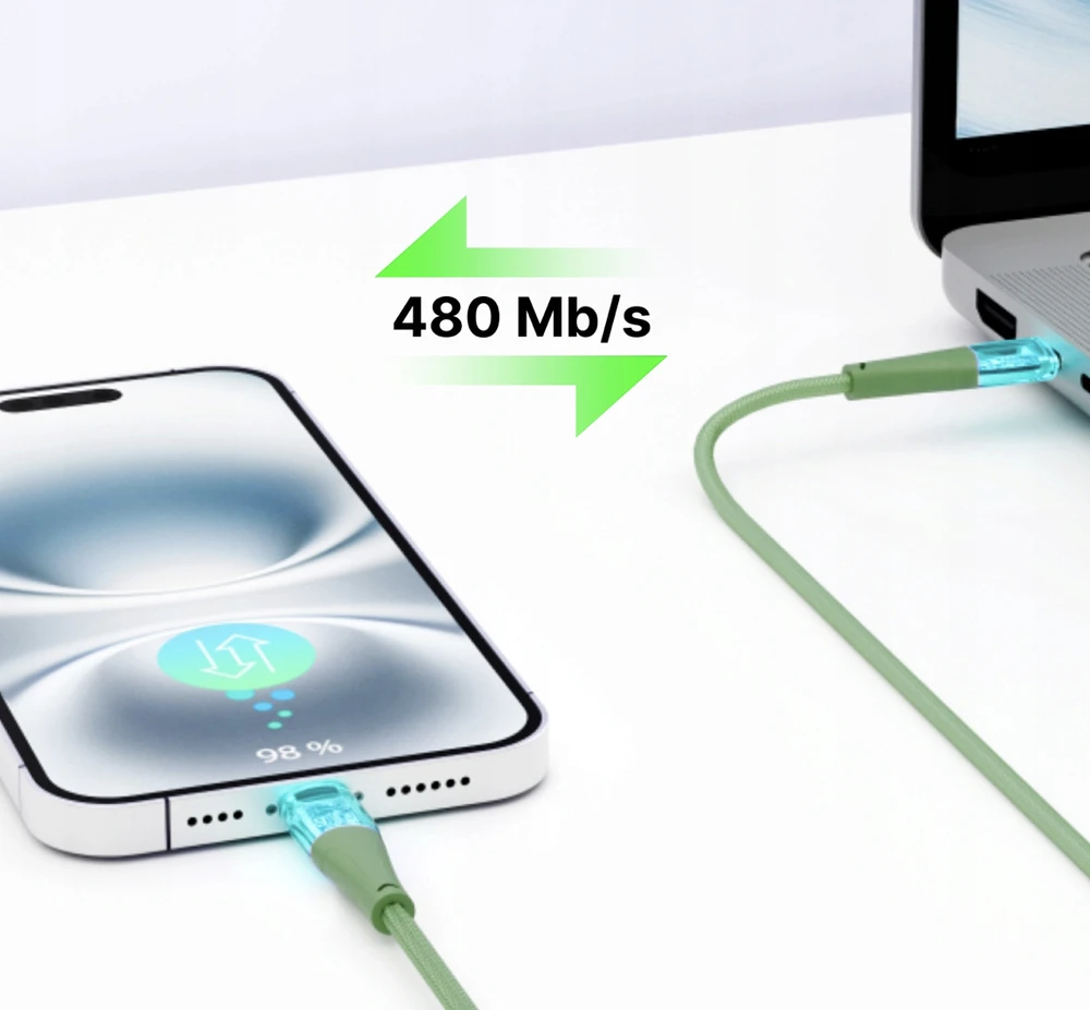 Qualo QTCN-CL-04 permatomas nailono kabelis USB-C - Lightning / 12W / 1.5m / žalias