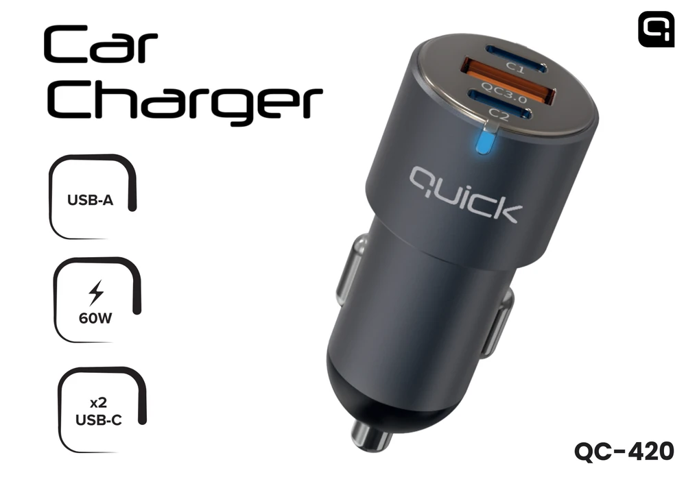 Quick Greitas QC-420 automobilinis įkroviklis su USB / 2x USB-C 60W