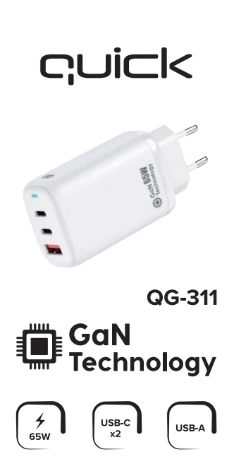 „Quik Accessories QG-311 GaN“ 2x USB-C / USB įkroviklis 65 W