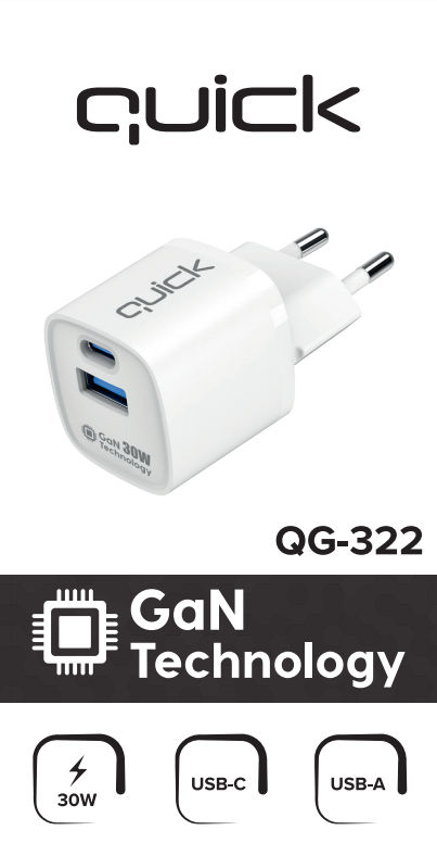 „Quik Accessories QG-322 GaN USB-C“ / USB įkroviklis 30 W