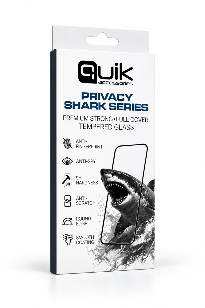 Quik Accessories PRIVACY SHARK serijos aukščiausios kokybės visiškai dengiantis grūdintas stiklas, skirtas Samsung Galaxy S25 Ultra