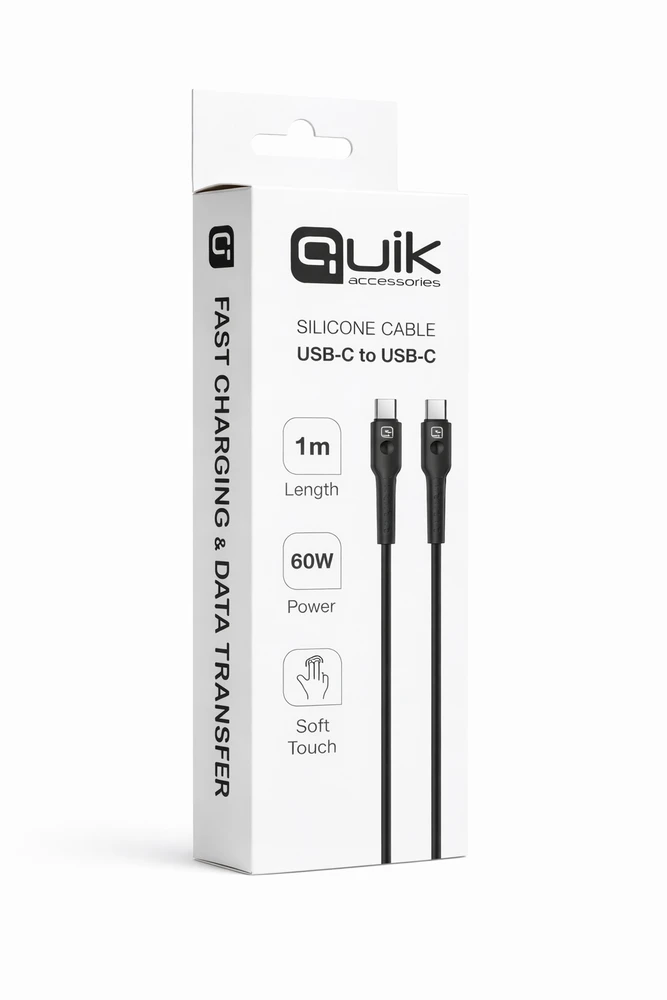 „Quik Accessories QK-1011“ minkštas silikoninis 60 W įkrovimo ir duomenų kabelis, USB-C į USB-C, 1 m