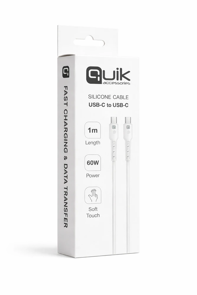 „Quik Accessories QK-1012“ minkštas silikoninis 60 W įkrovimo ir duomenų perdavimo laidas, USB-C į USB-C, 1 m