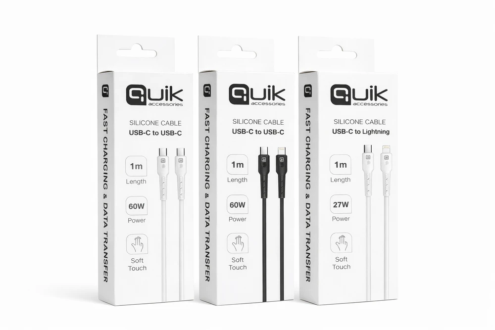 „Quik Accessories QK-1012“ minkštas silikoninis 60 W įkrovimo ir duomenų perdavimo laidas, USB-C į USB-C, 1 m