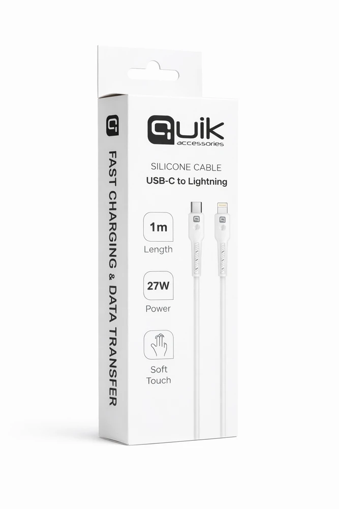 „Quik Accessories QK-1022“ minkštas silikoninis 27 W įkrovimo ir duomenų kabelis, USB-C–Lightning, 1 m