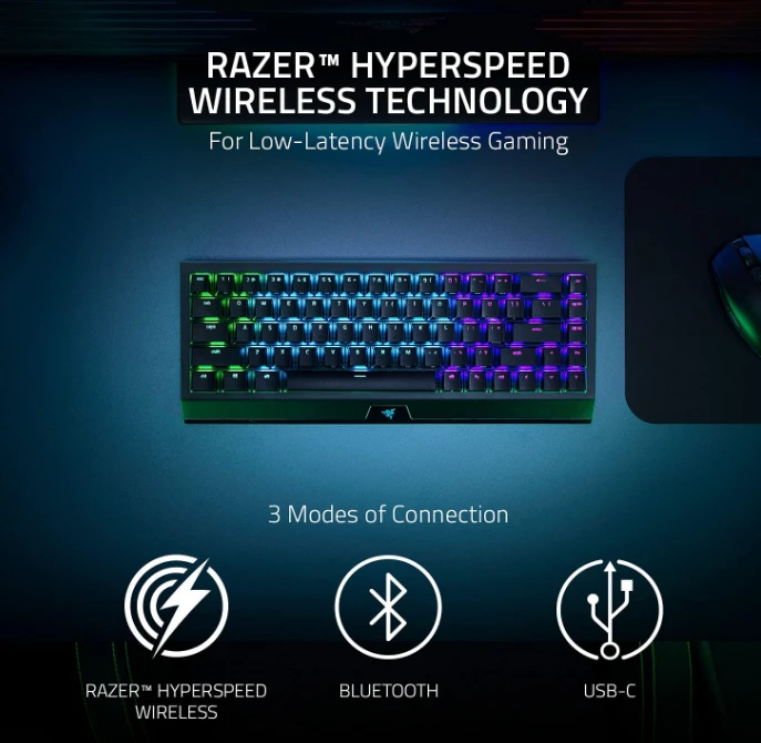 Belaidė 65% Klaviatūra Razer BlackWidow V3 Mini HyperSpeed su Razer Chroma RGB, Green Switch, US išdėstymas