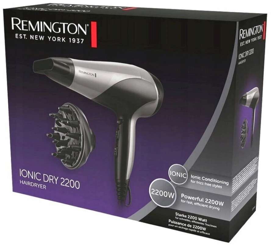 Remington Plaukų džiovintuvas | D3190S | 2200 W | Number of temperature settings 3 | Ionic function | Diffuser nozzle | Pilkas/Juodas