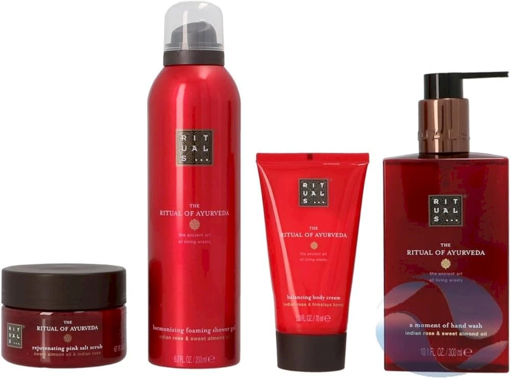 Dovanų rinkinys Rituals The Ritual of Ayurveda (125 g kūno šveitiklis + 100 ml kremas + 200 ml putojanti dušo želė + 140 g žvakė)