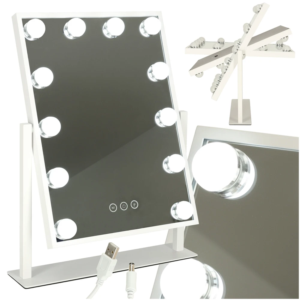 Kosmetinis veidrodėlis su LED lempomis ir USB jungtimi, 30x40cm