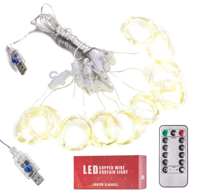Roger 300 LED girlianda užuolaida 3x3 su pulteliu ir tvirtinimo kabliukais - šiltos spalvos