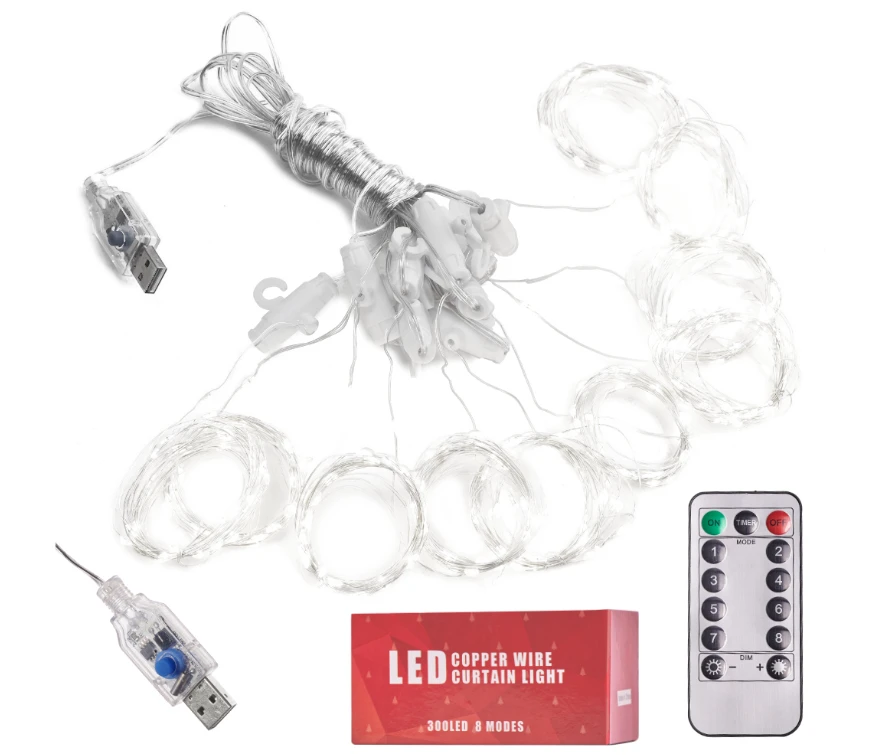 Roger 300 LED girlianda užuolaida 3x3 su pulteliu ir tvirtinimo kabliukais - šaltos spalvos
