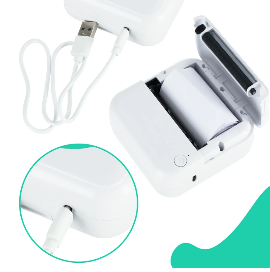 Ikonka Mini terminis etikečių spausdintuvas + USB kabelis kvadratinės mėlynos spalvos