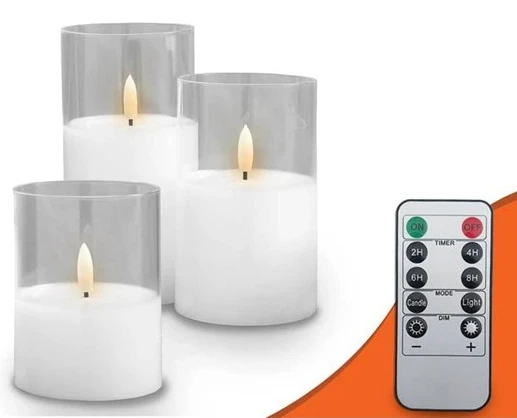 Verk Lamex Dekoratyvinis LED žvakių rinkinys 3 vnt. baltas stiklas + pultelis