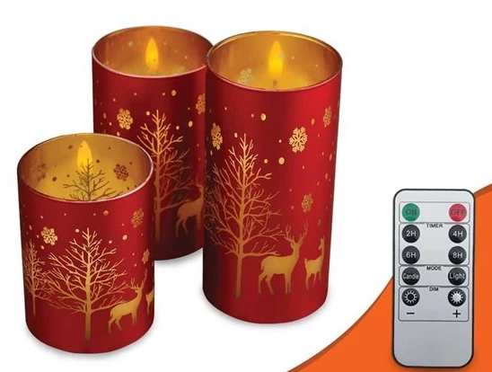 Home Styling Collection Lamex Dekoratyvinis LED žvakių rinkinys 3 vnt. Kalėdų raudona ir auksinė + nuotolinio valdymo pultas