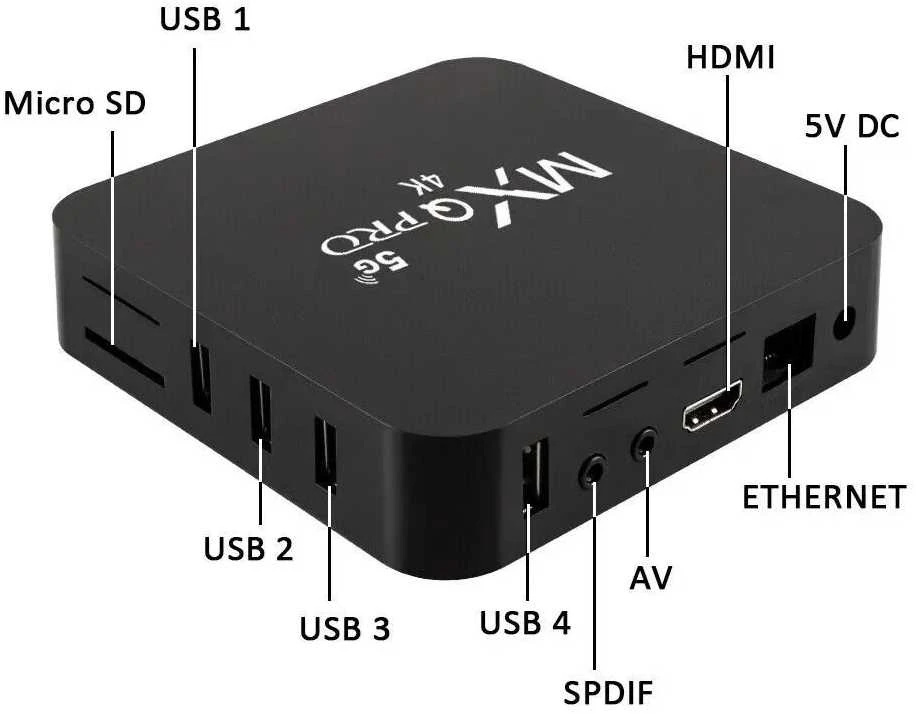 Vaizdo grotuvas „Roger MXQ Pro 4K 5G“ TV priedėlis su 2 GB / 16 GB procesoriumi, keturių branduolių procesoriumi ir „Android 12“ procesoriumi.