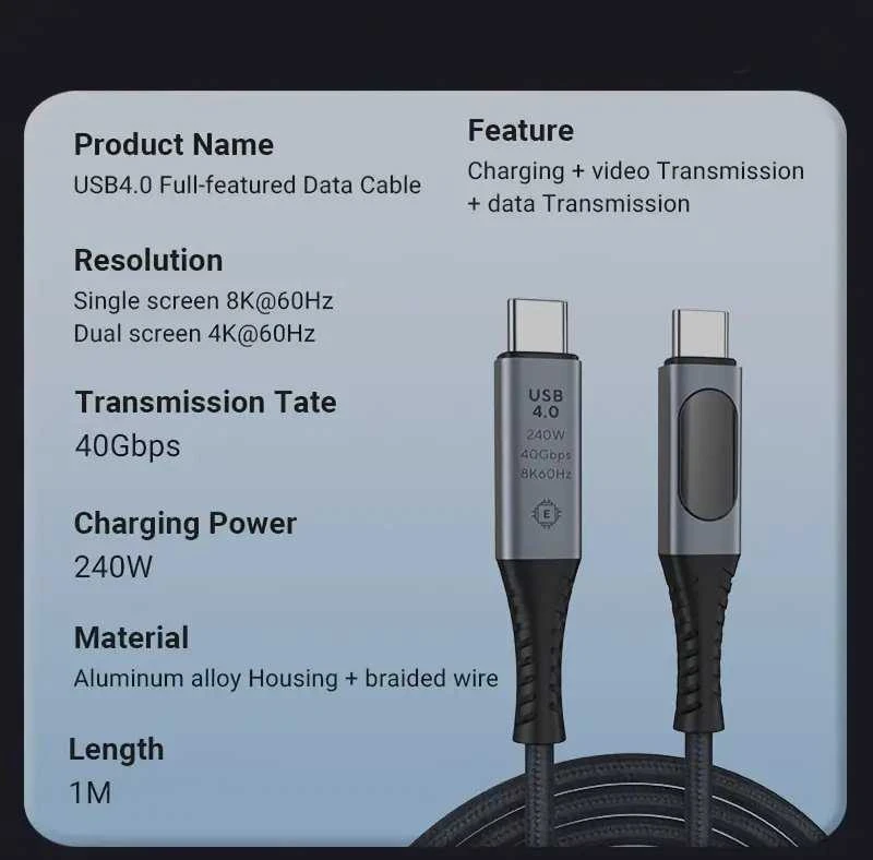 RoGer PD24VB USB-C 4.0 kabelis su voltmetru PD240W / 40Gbps / 8K60Hz / 1m