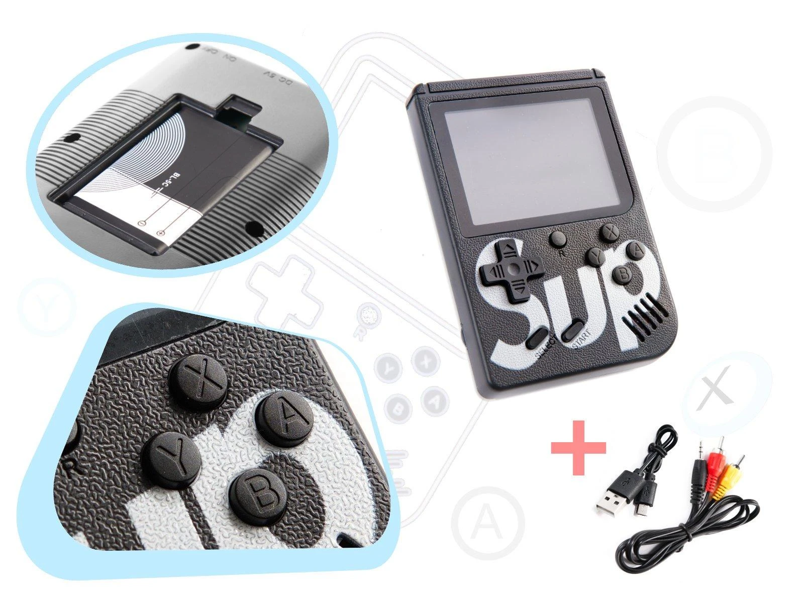 Roger HQ R1 8bit nešiojama retro žaidimų konsolė su 400 žaidimų, 3 colių LCD ekranas su RCA kabeliu ir TV, Juodas