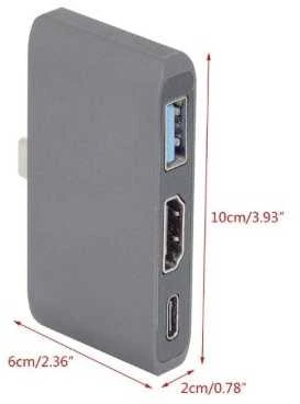 USB-C šakotuvas su pajungimų jungtimis ir matmenimis