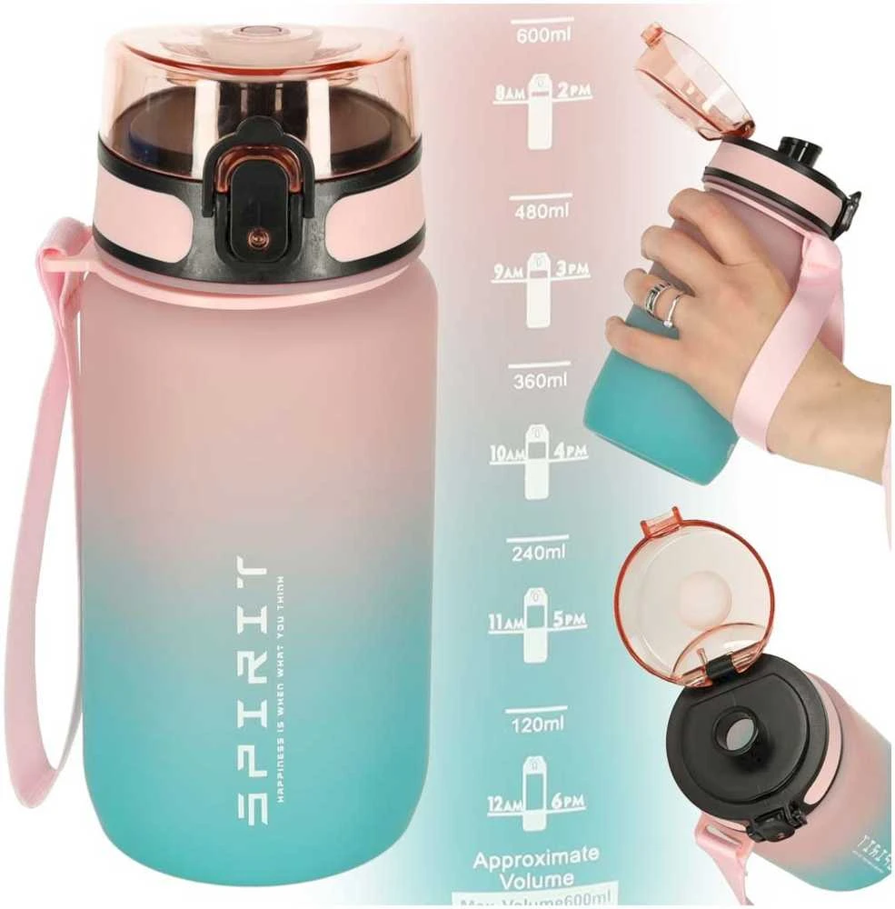 Buteliukas na wodę bidon ze słomką laikikliu sportowy 600ml rožinė-mėlyna