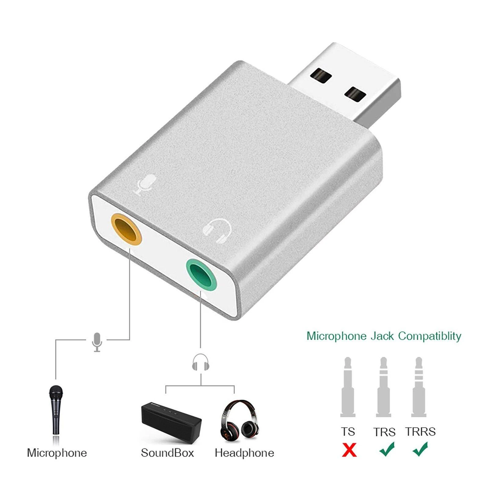 „RoGer“ USB garso plokštė su mikrofono įvestimi / Virtual 7.1 / sidabrinis
