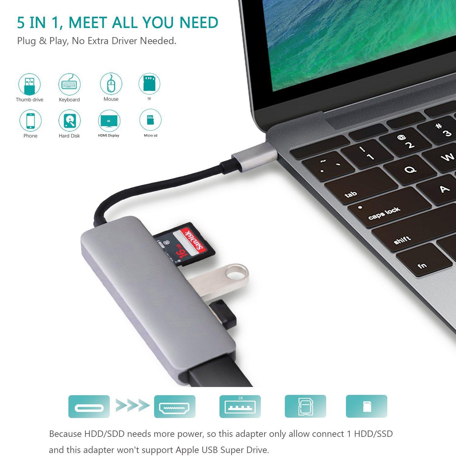 RoGer USB-C Hub 5in1 USB 3.0 x2 / HDMI / SD kortelių skaitytuvas / TF kortelių skaitytuvas