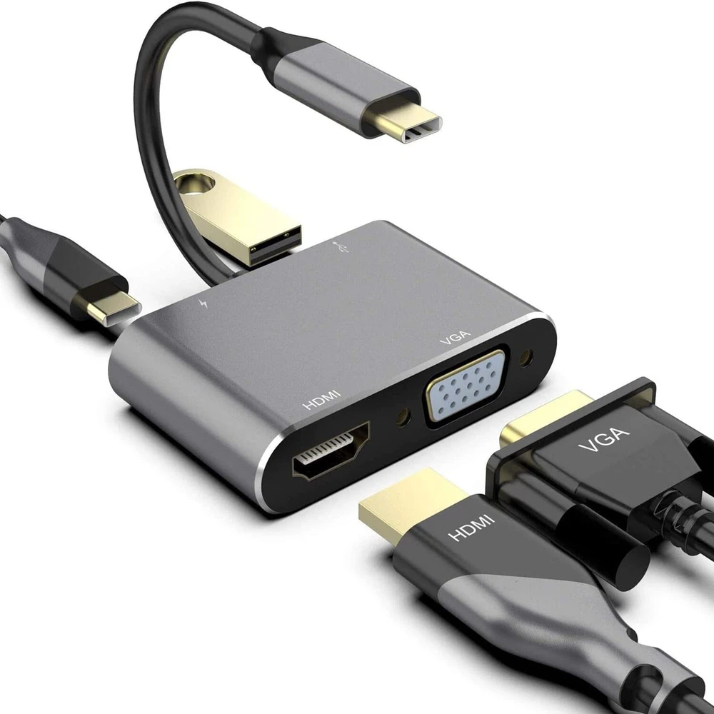 „RoGer“ USB-C multimedijos adapteris, HDMI 4K@30Hz / VGA 1080p / USB 3.0 / USB-C PD