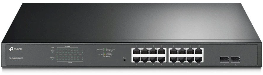 Šakotuvas TP-LINK | Komutatorius | TL-SG1218MPE | Valdomas žiniatinklyje | Montuojamas į lentyną | Gigabito Ethernet (varinis) jungčių kiekis: 16 | SFP jungčių kiekis: 2 | PoE+ jungčių kiekis: 16 | 36 mėn.
