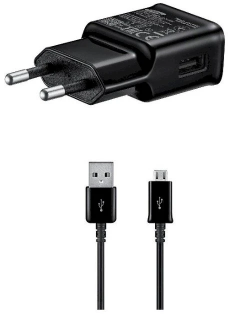 Galaxy EP-TA200EBE + ECB-DU4EBE Samsung 15W kelioninis įkroviklis + microUSB duomenų kabelis, juodas (OOB Bulk)