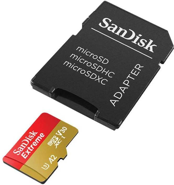 „SANDISK Extreme Micro SDXC 128GB“ veiksmo kameroms ir dronams + SD adapteris + 1 metų „RescuePRO Deluxe“ garantija iki 190 MB/s ir 90 MB/s skaitymo / rašymo greičių, A2, C10, V30, UHS-I, U3.