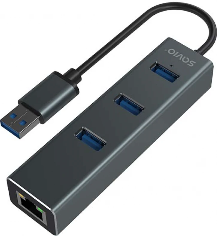 USB Hub - Savio AK-57 3x USB-A Huba su RJ-45 Gigabit Ethernet 5000 Mbit/s Pilkas