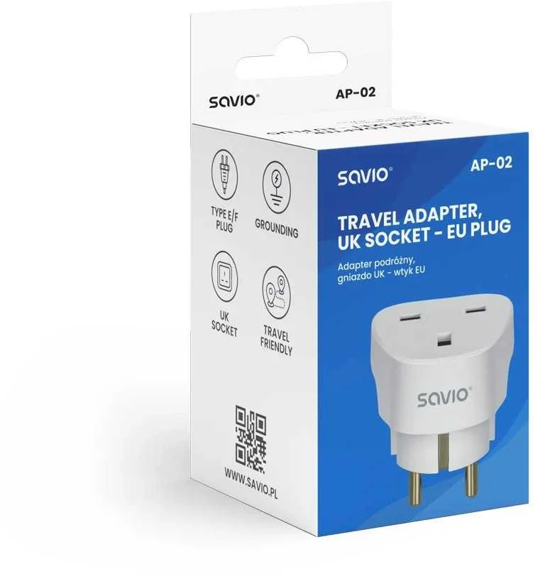 Universalus kelioninis adapteris, UK lizdas į EU kištuką, SAVIO AP-02, baltas, įžemintas, 3250W, kompaktiškas dydis