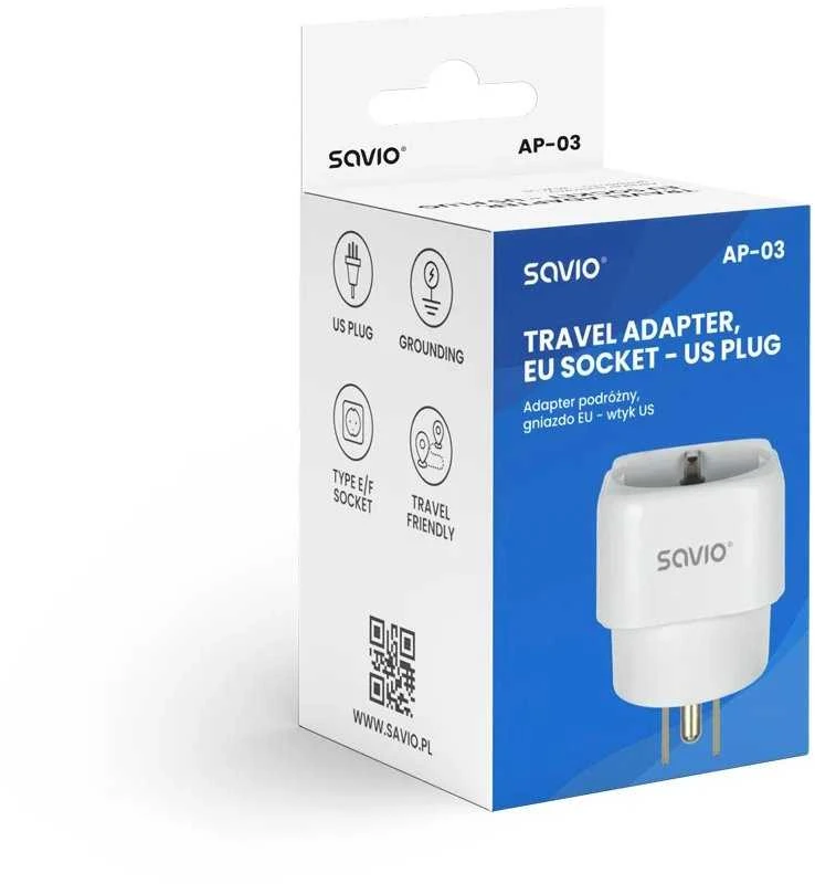 Savio Kompaktiškas kelioninis adapteris, EU lizdas - JAV kištukas, AP-03 modelis