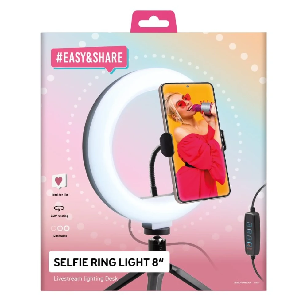 Objektyvas Žiedinė lempa SBS Mobile TESELFIERINGCLIP, LED, Juodas, Baltas, USB, 5 V, 20 cm, 200 mm