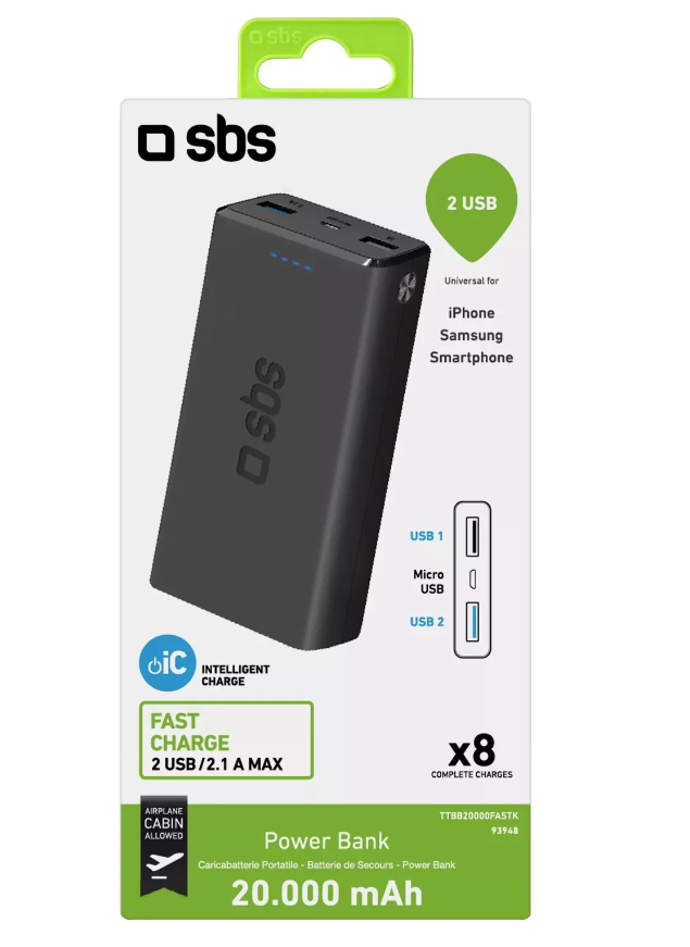 Power Bank 20.000 mAh Greitas įkrovimas, 2 USB By SBS Juodas