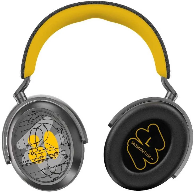 Sennheiser MOMENTUM 4: geltona galvūrio juosta ir grafika