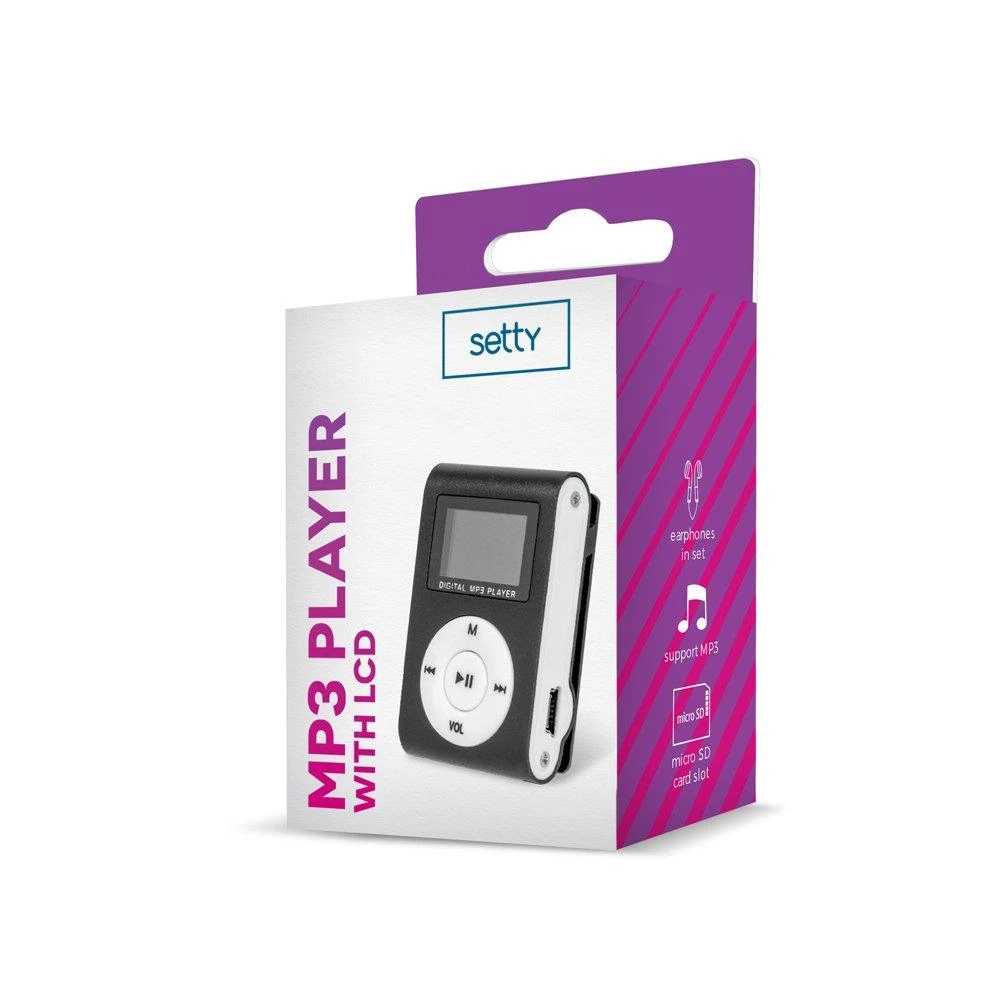 Setty Metal Clip MP3 grotuvas with FM Radio LCD Ekranas Micro SD Slot iki 32GB built-in Li-Ion Baterija Juodas