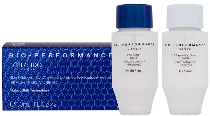 Rinkinys „Shiseido“: „Bio-Performance Skin Filler“ dieninis veido serumas, papildymas, 30 ml + „Bio-Performance Skin Filler“ naktinis veido serumas, papildymas, 30 ml