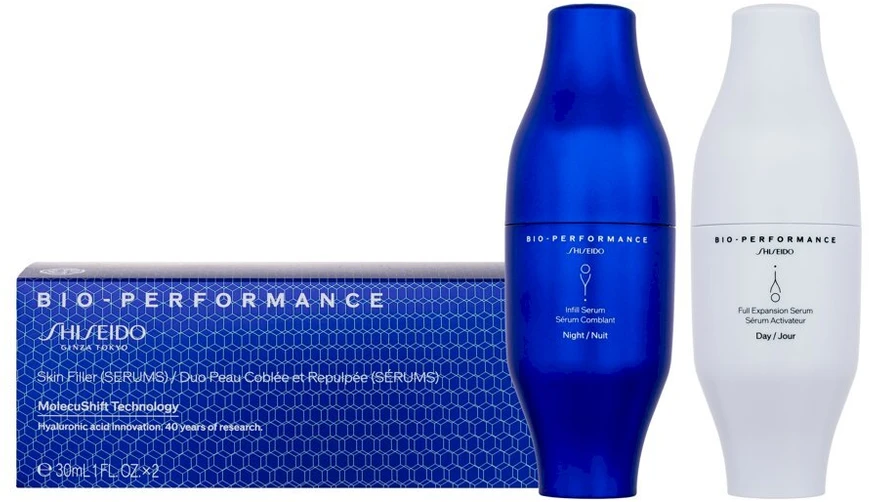 Rinkinys „Shiseido“: „Bio-Performance Infill Anti-Aging Night Serum for Facial“, 30 ml + „Bio-Performance Full Expansion Anti-Aging Day Serum for Facial“, 30 ml