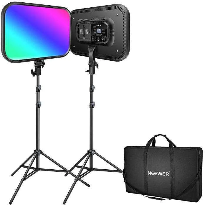 Sieninis šviestuvas Neewer Naujesnis RGB168 RGB LED studijinis komplektas, dvi 60W 2500-8500K lempos + stovai