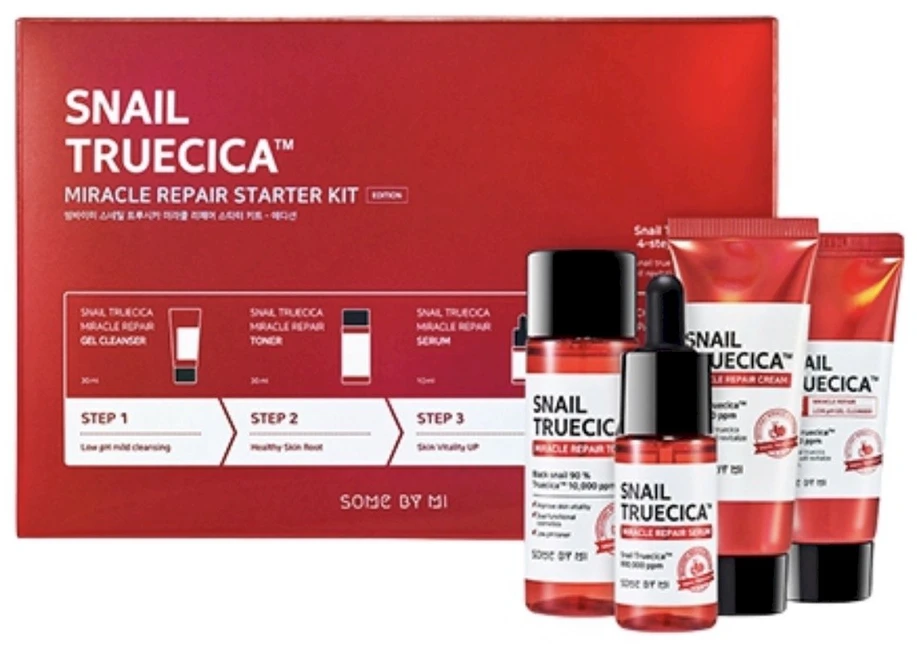 „Some By Mi“ – sraigių „Truecica Miracle Repair Starter Kit“ rinkinys, kelioninių dydžių dovanų dėžutė