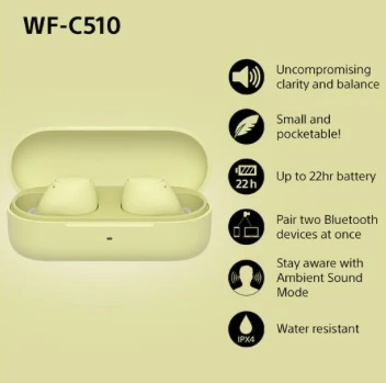 Ausinės Sony WF-C510 | Bluetooth | į ausis įkišamos | Belaidės | Geltonos spalvos