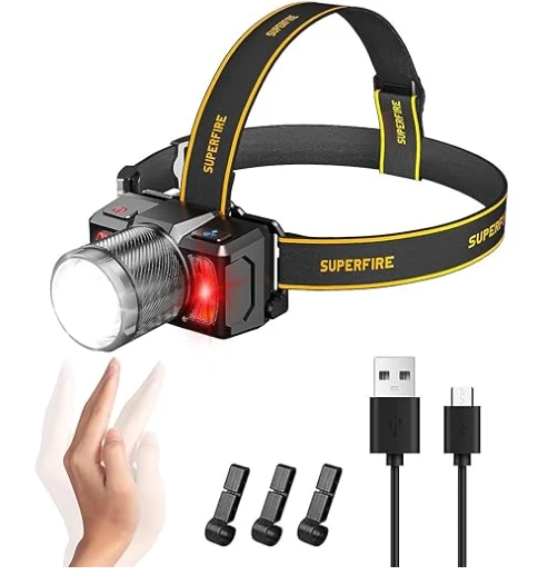 Superfire Žibintuvėlis ant galvos, įkraunamas USB C, 700lm, 15W, 2400mAh, 8 rėžimai