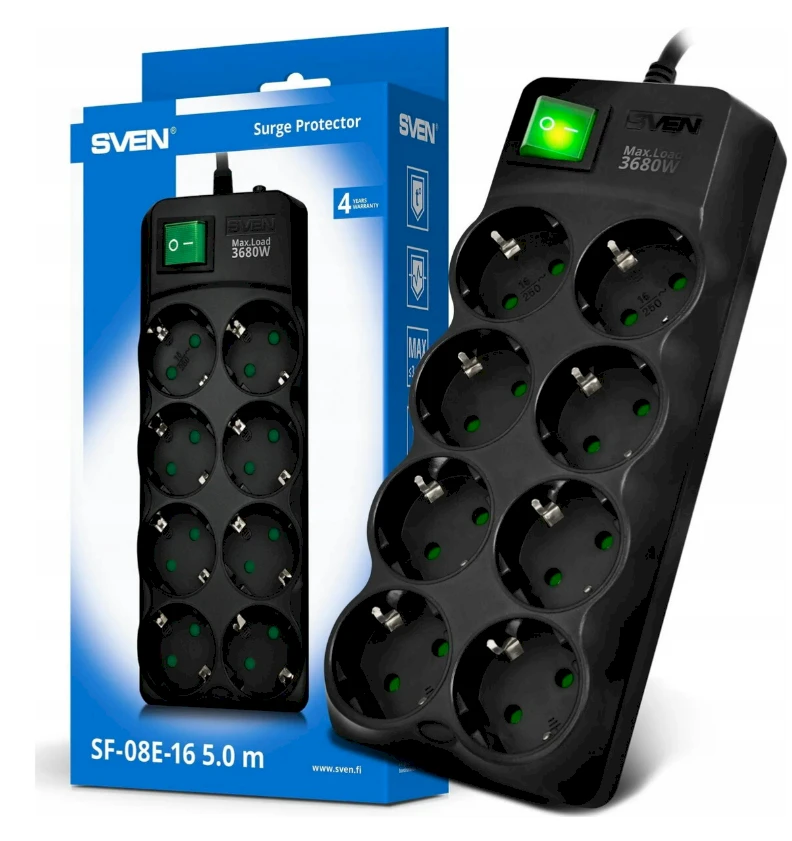 SVEN SF-08E-16 viršįtampių apsaugos juosta 3,0 m (8 lizdai) juoda