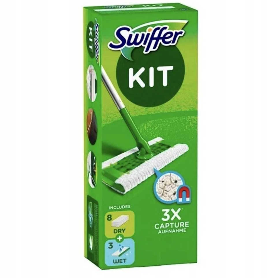 Swiffer Sweeper Starter Kit XXL: grindų šluota + sausos šluostės (8vnt.) + šlapios šluostės (3vnt.)